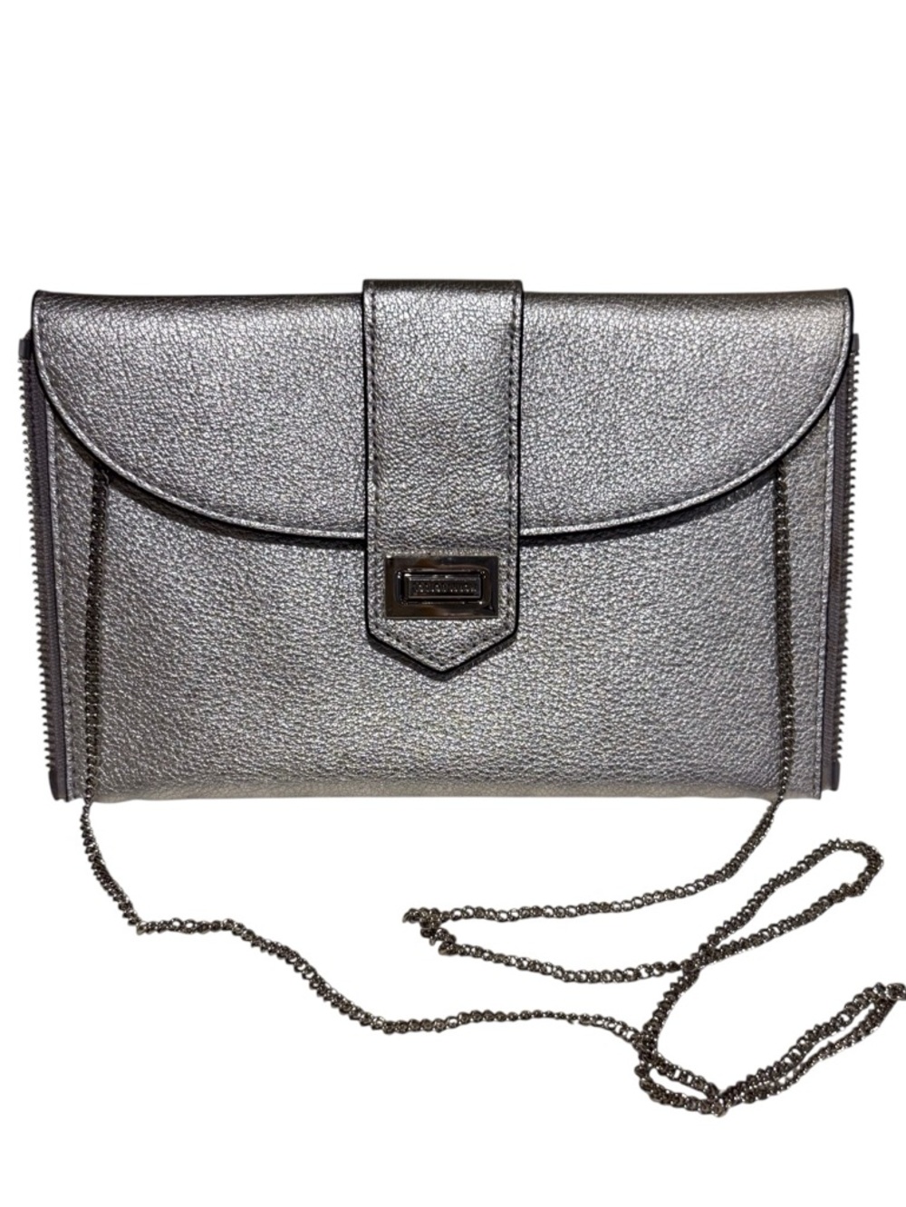 Henri Bendel Rivington silver metallic clutch silver chain and hardware.